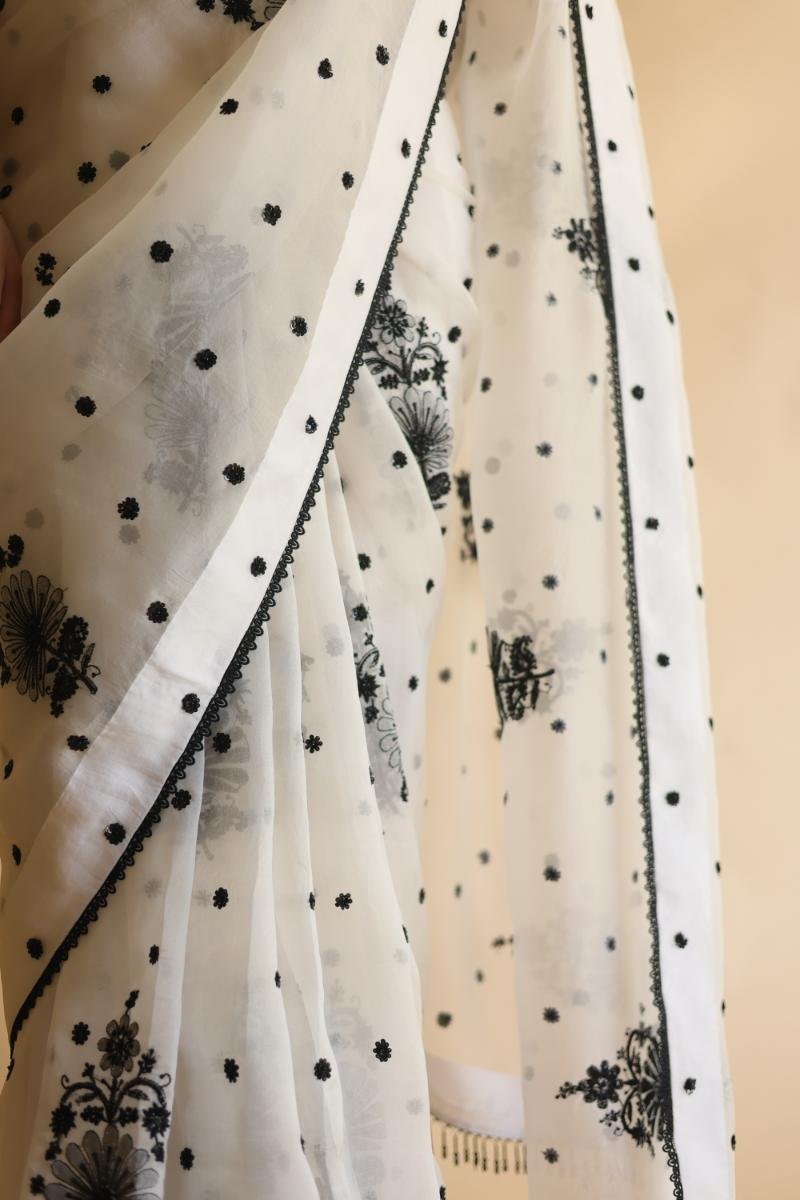 Monochrome Silk Organza Chikankari Saree With Sequins & Beads Work