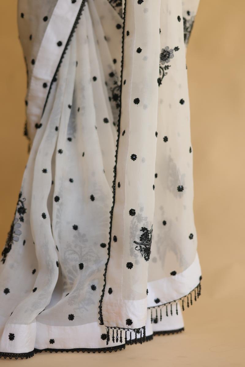 Monochrome Silk Organza Chikankari Saree With Sequins & Beads Work