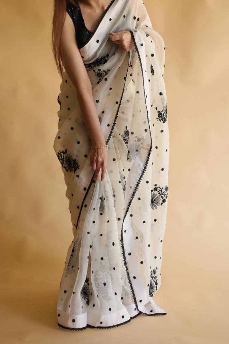 Monochrome Silk Organza Chikankari Saree With Sequins & Beads Work