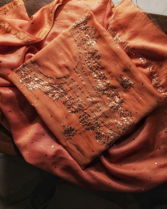 Orange Chanderi Mukaish Badla Unstitched Kurta Dupatta Set