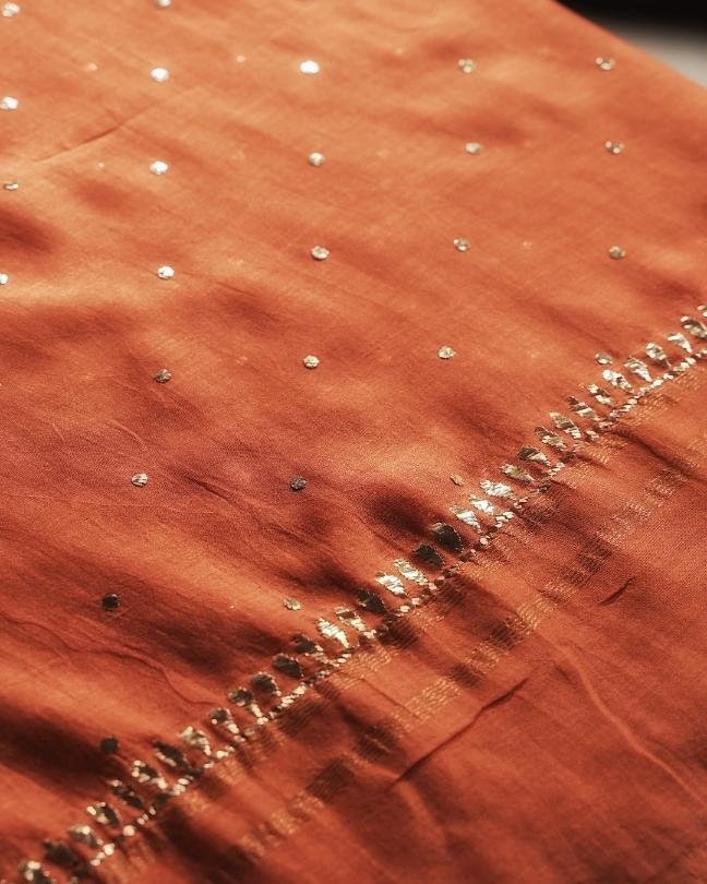 Orange Chanderi Mukaish Badla Unstitched Kurta Dupatta Set