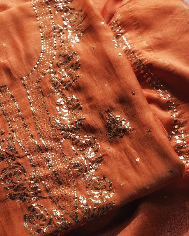 Orange Chanderi Mukaish Badla Unstitched Kurta Dupatta Set