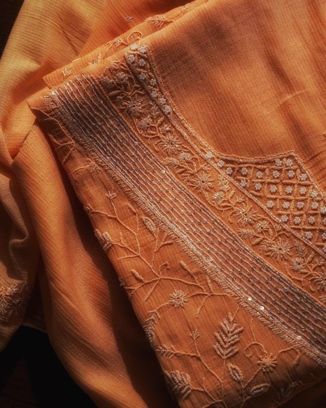 Orange Mal Chanderi Silk Chikankari With Sequins Unstitched Kurta Dupatta Set
