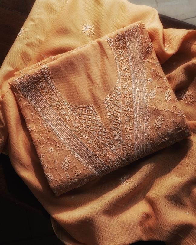 Orange Mal Chanderi Silk Chikankari With Sequins Unstitched Kurta Dupatta Set