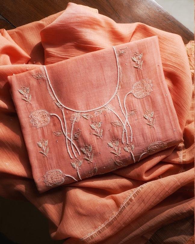 Orange Mal Chanderi Silk Chikankari With Sequins Unstitched Kurta Dupatta Set