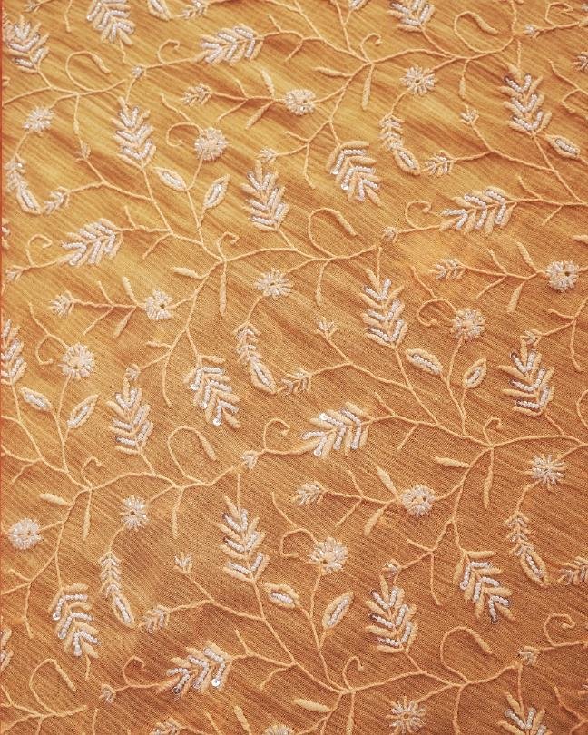 Orange Mal Chanderi Silk Chikankari With Sequins Unstitched Kurta Dupatta Set