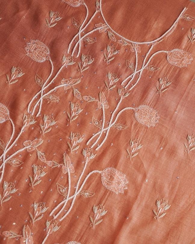 Orange Mal Chanderi Silk Chikankari With Sequins Unstitched Kurta Dupatta Set