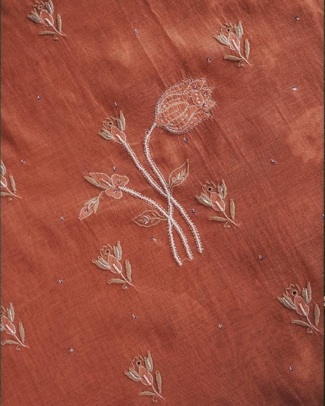 Orange Mal Chanderi Silk Chikankari With Sequins Unstitched Kurta Dupatta Set