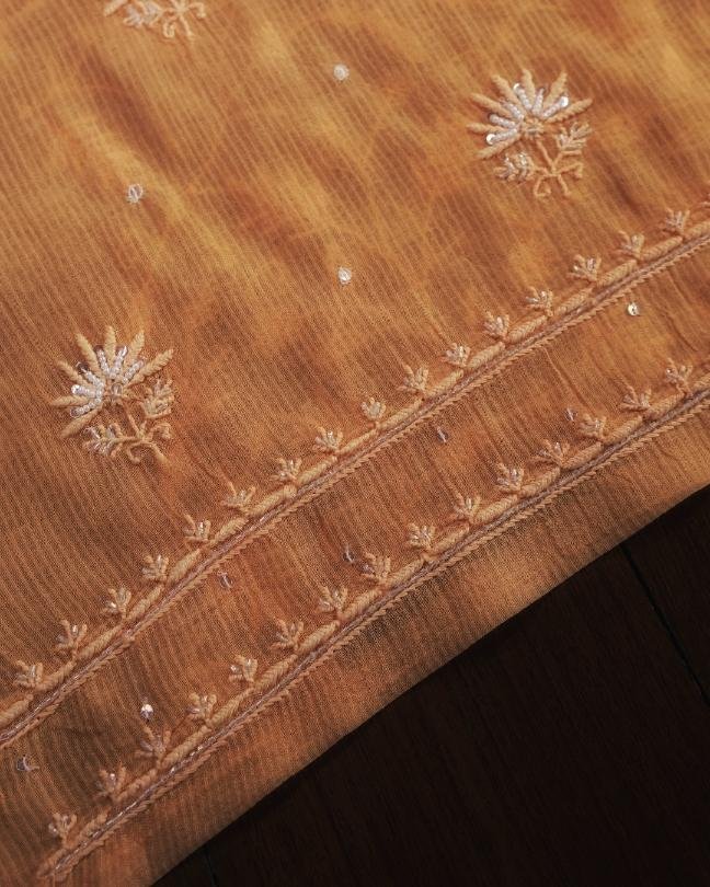 Orange Mal Chanderi Silk Chikankari With Sequins Unstitched Kurta Dupatta Set