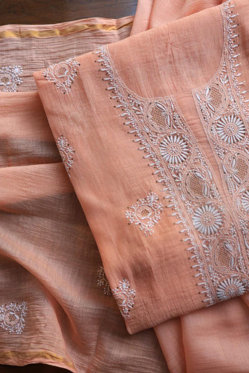 Peach Mal Cotton Chikankari Unstitched Kurta Dupatta Fabrics With Kamdani