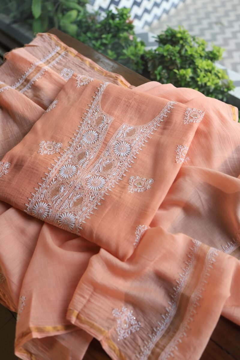 Peach Mal Cotton Chikankari Unstitched Kurta Dupatta Fabrics With Kamdani