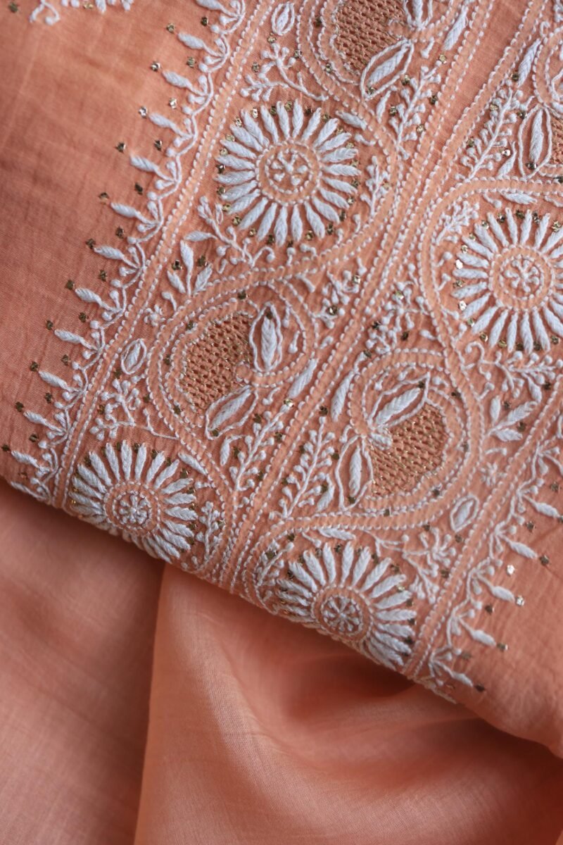 Peach Mal Cotton Chikankari Unstitched Kurta Dupatta Fabrics With Kamdani