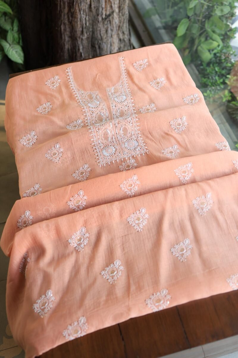 Peach Mal Cotton Chikankari Unstitched Kurta Dupatta Fabrics With Kamdani