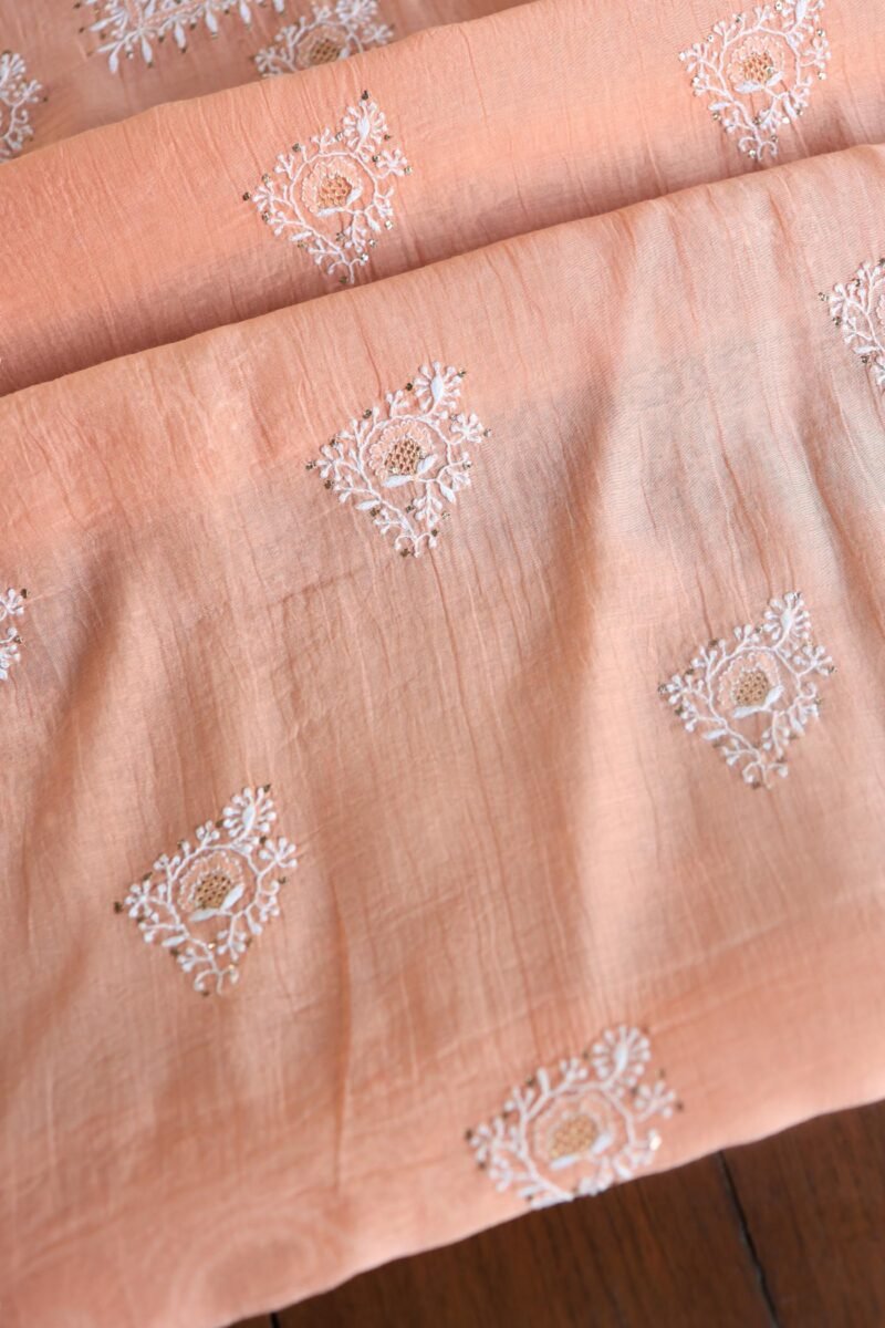 Peach Mal Cotton Chikankari Unstitched Kurta Dupatta Fabrics With Kamdani