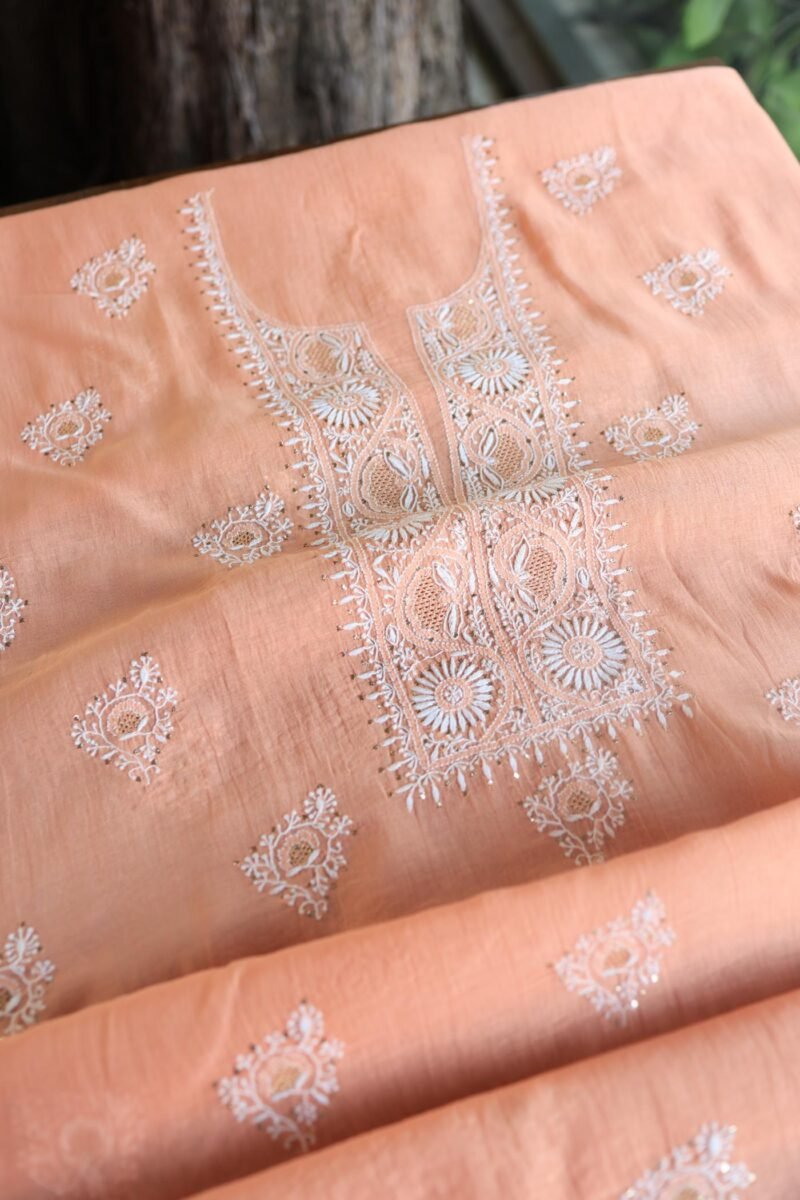 Peach Mal Cotton Chikankari Unstitched Kurta Dupatta Fabrics With Kamdani
