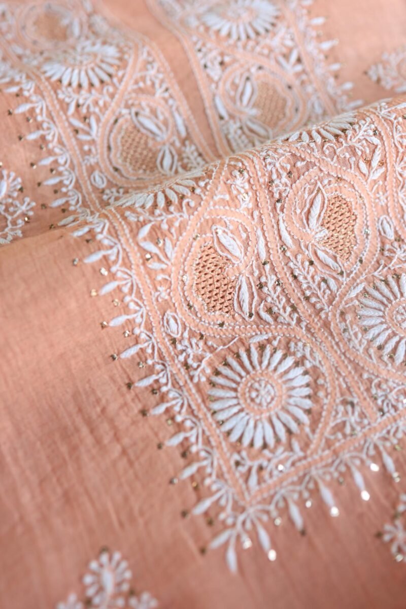 Peach Mal Cotton Chikankari Unstitched Kurta Dupatta Fabrics With Kamdani