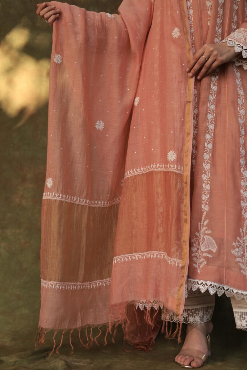 Peach Shade Mulmul Work With Chikankari Ready To Wear Anarkali With Dupatta