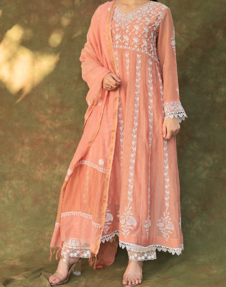 Peach Shade Mulmul Work With Chikankari Ready To Wear Anarkali With Dupatta