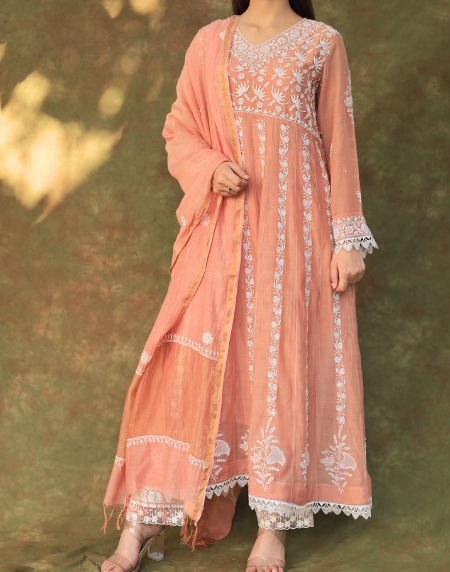 Peach Shade Mulmul Work With Chikankari Ready To Wear Anarkali With Dupatta