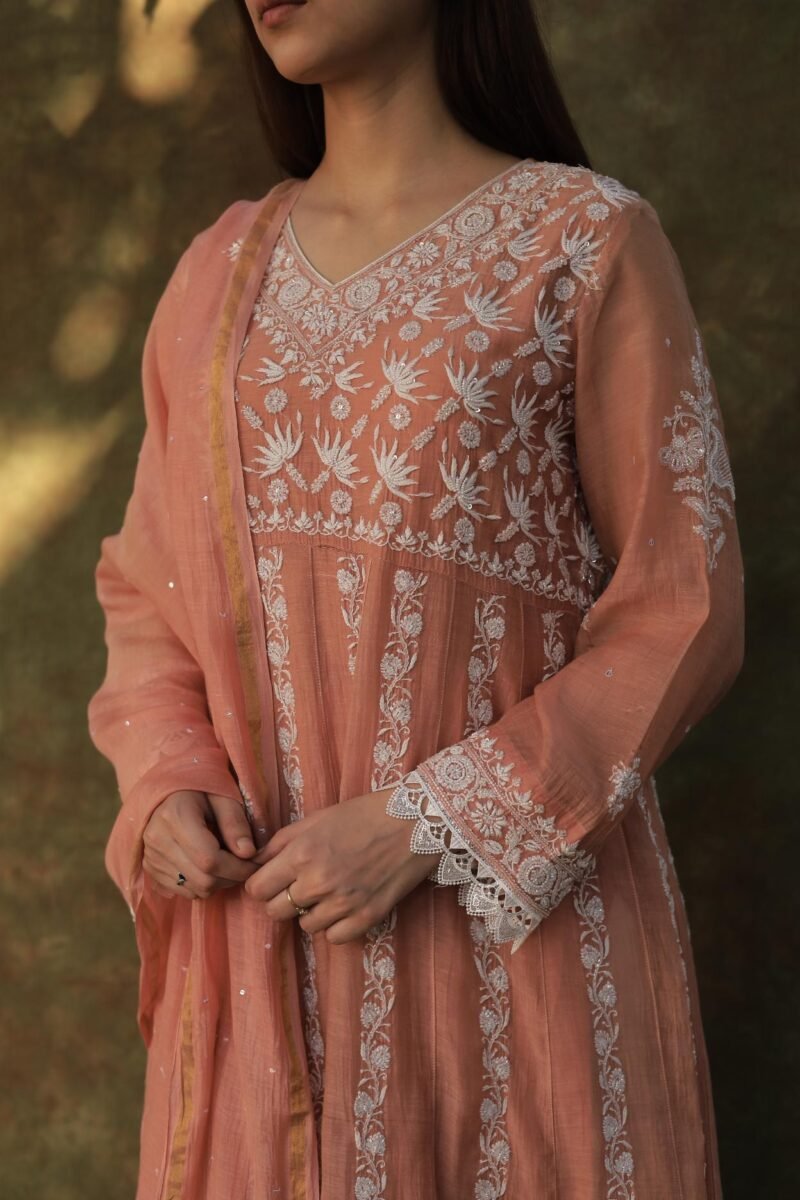 Peach Shade Mulmul Work With Chikankari Ready To Wear Anarkali With Dupatta