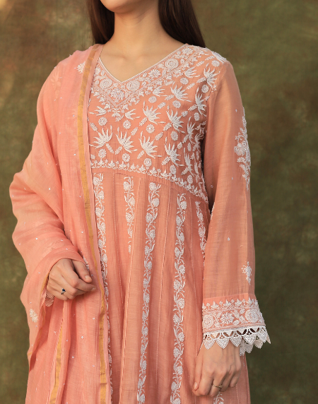 Peach Shade Mulmul Work With Chikankari Ready To Wear Anarkali With Dupatta