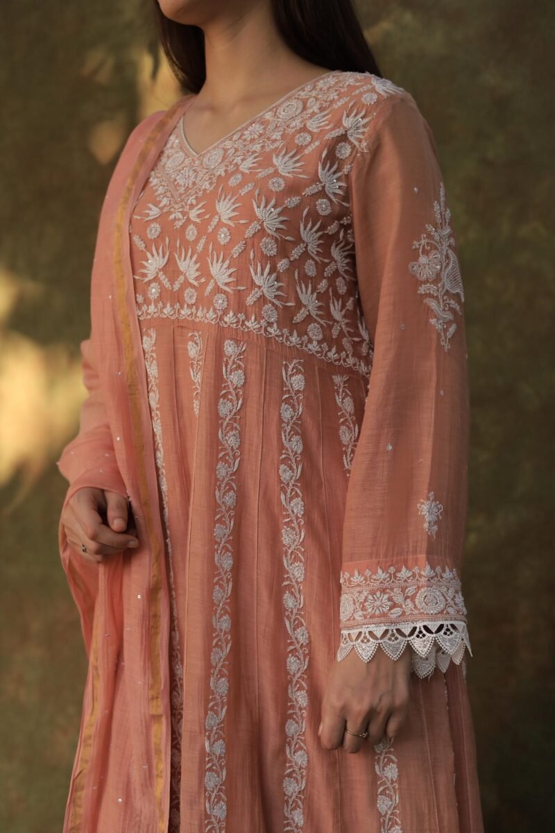 Peach Shade Mulmul Work With Chikankari Ready To Wear Anarkali With Dupatta