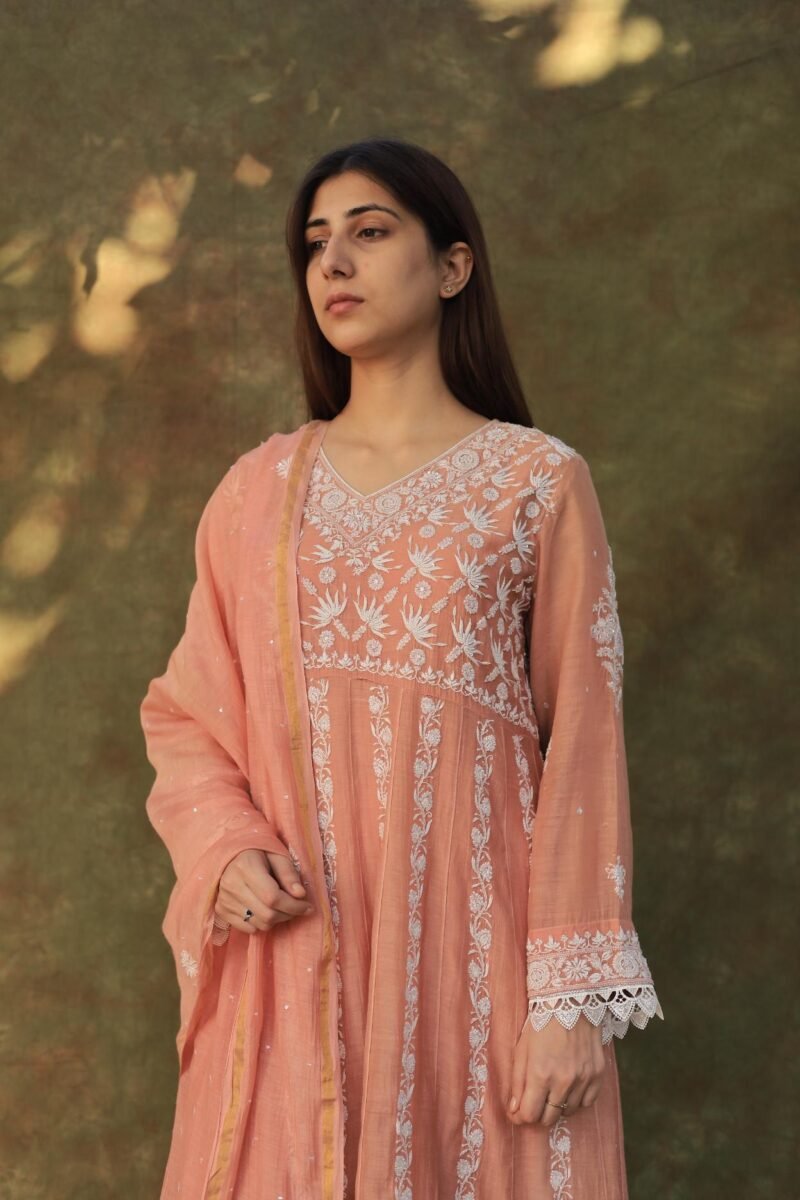 Peach Shade Mulmul Work With Chikankari Ready To Wear Anarkali With Dupatta