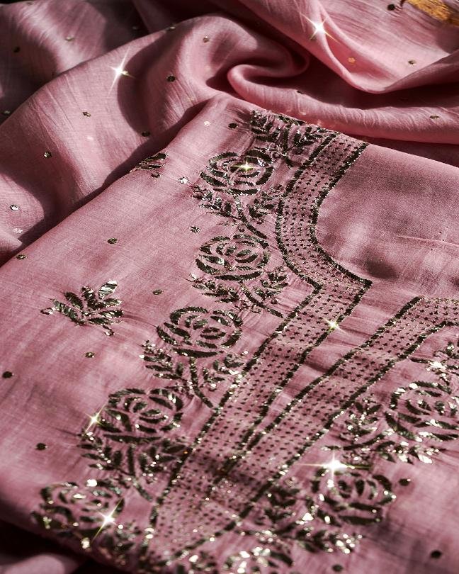 Pink Chanderi Mukaish Badla Unstitched Kurta Dupatta Set