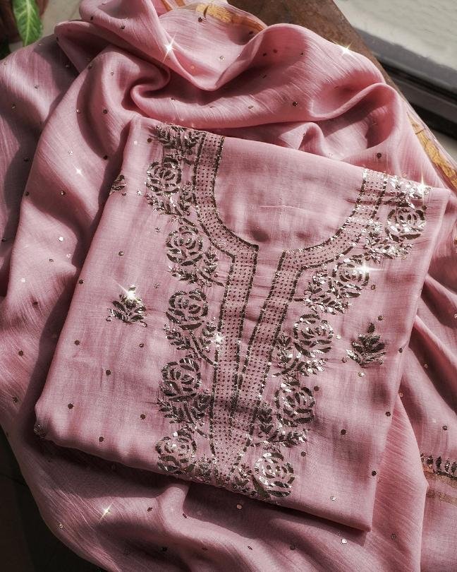 Pink Chanderi Mukaish Badla Unstitched Kurta Dupatta Set