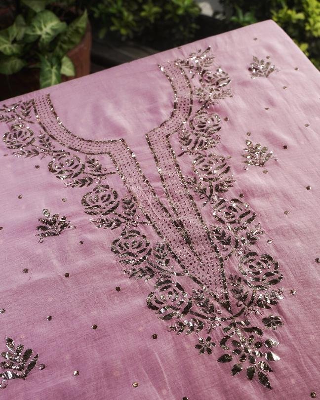 Pink Chanderi Mukaish Badla Unstitched Kurta Dupatta Set