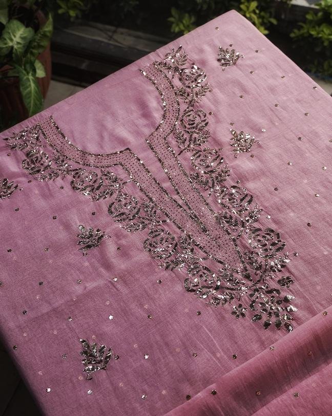 Pink Chanderi Mukaish Badla Unstitched Kurta Dupatta Set