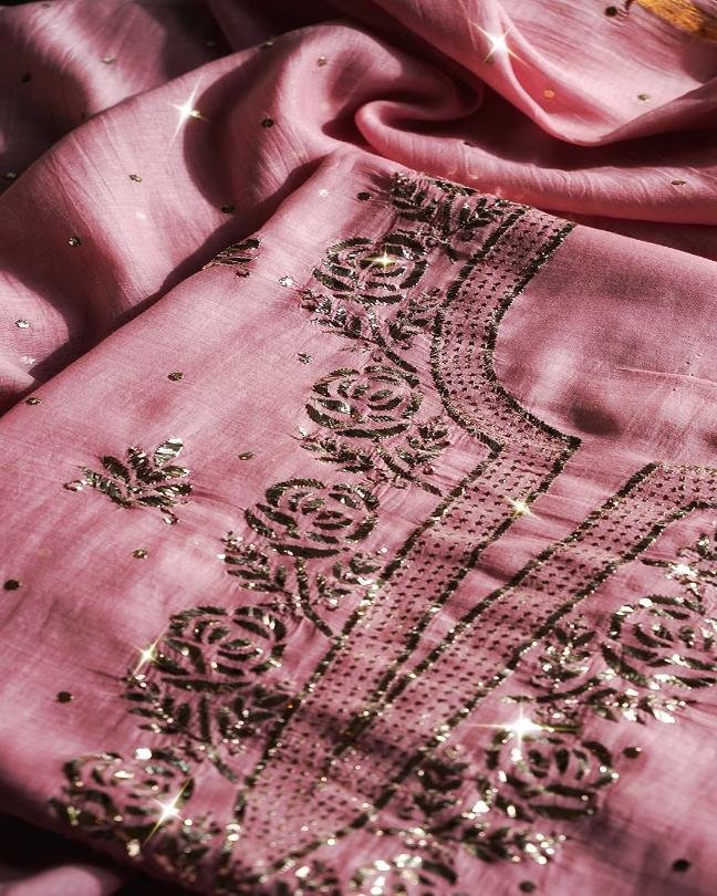 Pink Chanderi Mukaish Badla Unstitched Kurta Dupatta Set