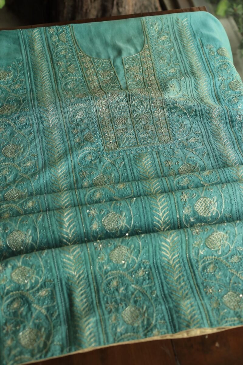 Green Maheshwari Chikankari With Ari Work Unstitched Kurta Dupatta Set