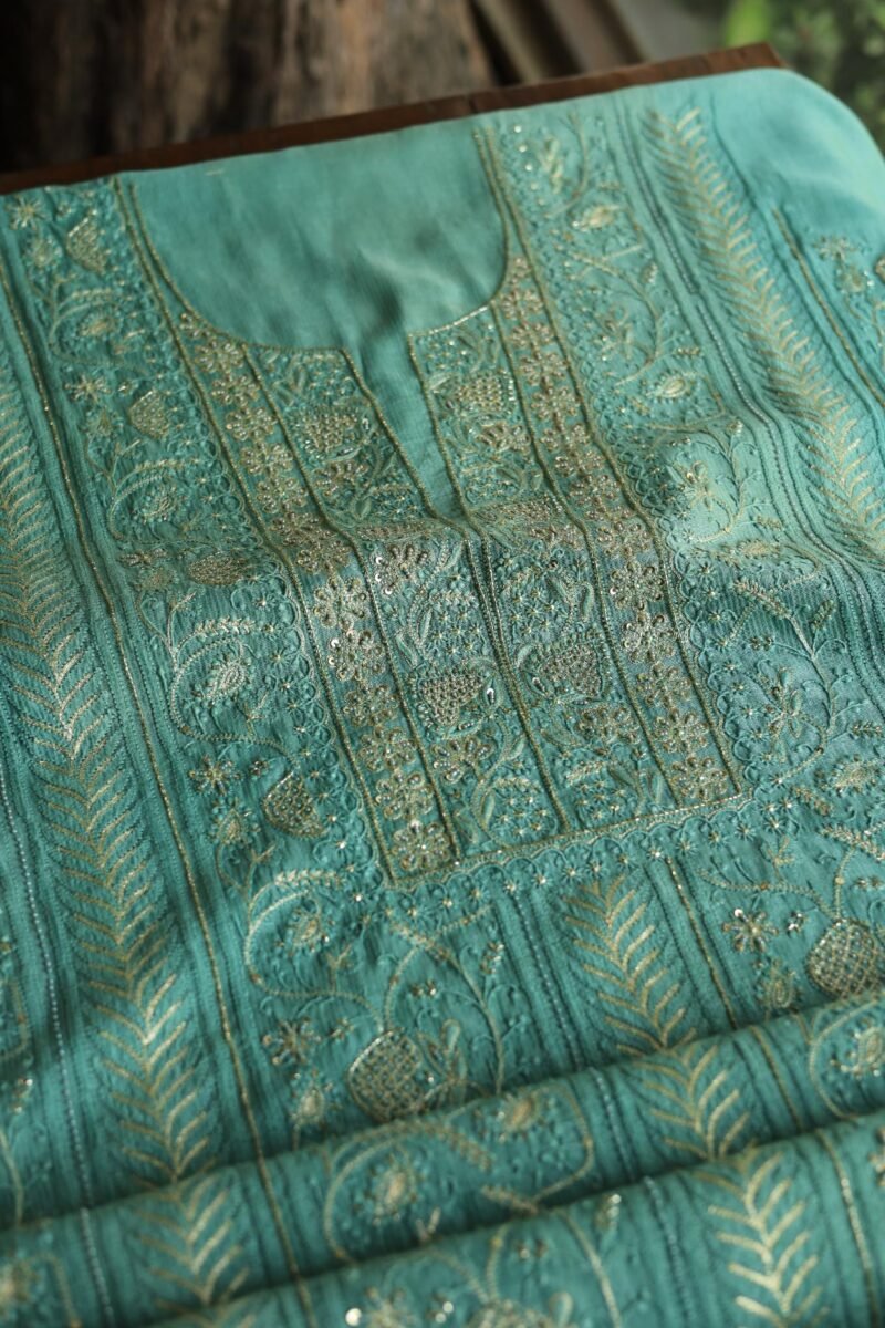 Green Maheshwari Chikankari With Ari Work Unstitched Kurta Dupatta Set