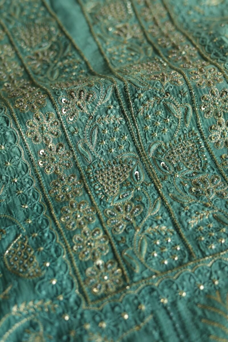 Green Maheshwari Chikankari With Ari Work Unstitched Kurta Dupatta Set