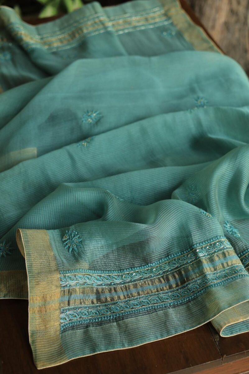 Green Maheshwari Chikankari With Ari Work Unstitched Kurta Dupatta Set