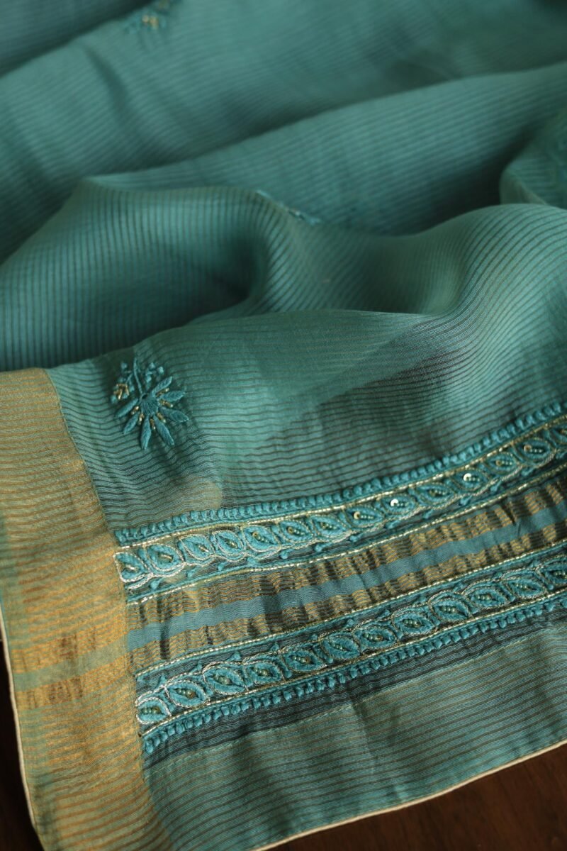 Green Maheshwari Chikankari With Ari Work Unstitched Kurta Dupatta Set