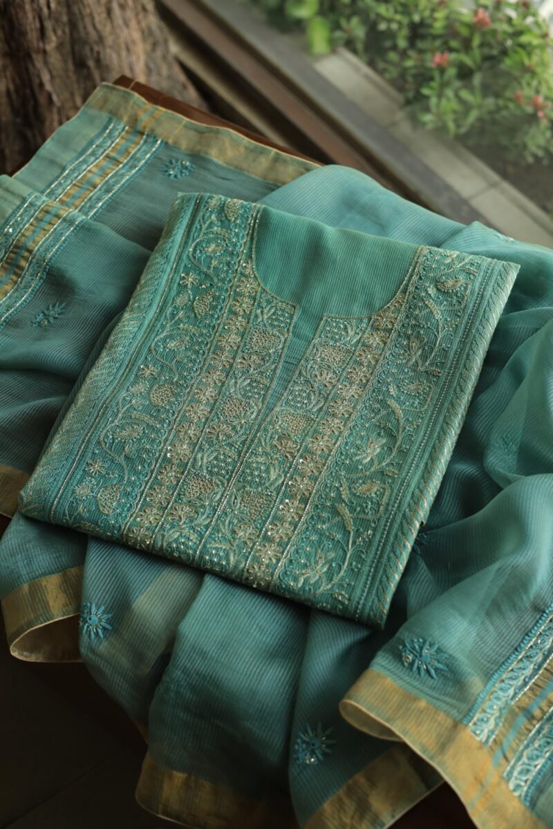 Green Maheshwari Chikankari With Ari Work Unstitched Kurta Dupatta Set