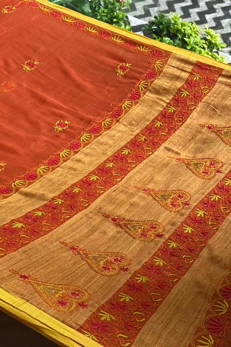 Rust Shade Silk Gheecha Palla Kota Chikankari Saree