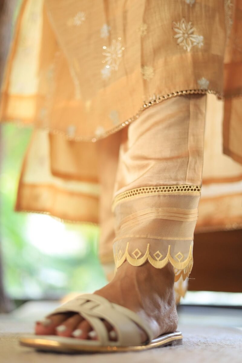 Satin Linen Beige Straight Pant With Organza Lace & One Side Pocket