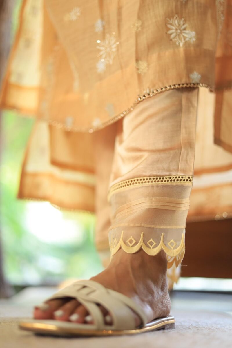 Satin Linen Beige Straight Pant With Organza Lace & One Side Pocket