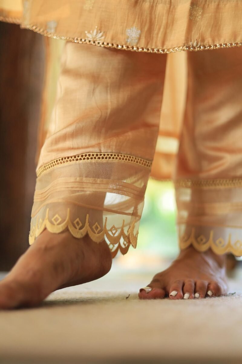 Satin Linen Beige Straight Pant With Organza Lace & One Side Pocket