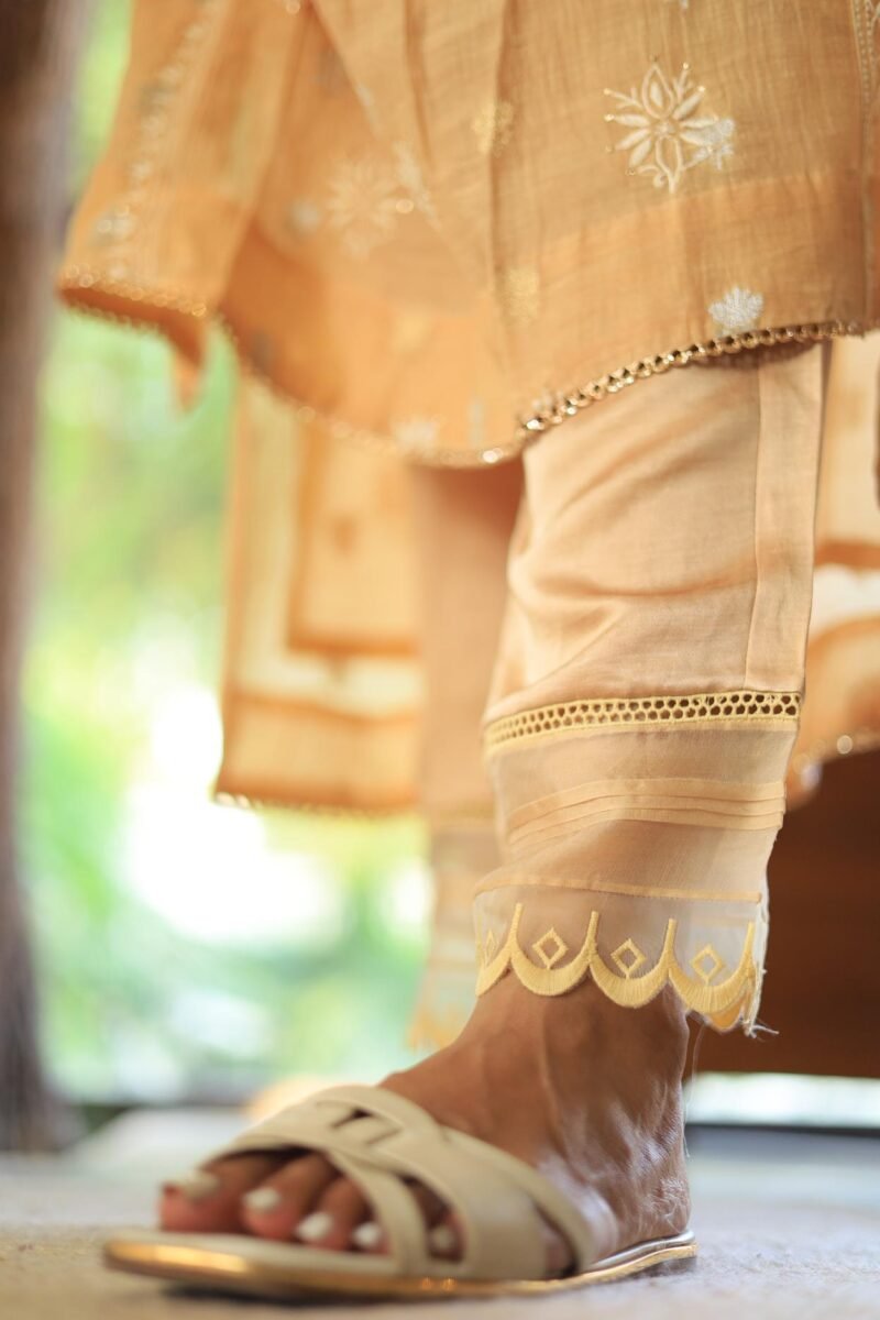 Satin Linen Beige Straight Pant With Organza Lace & One Side Pocket