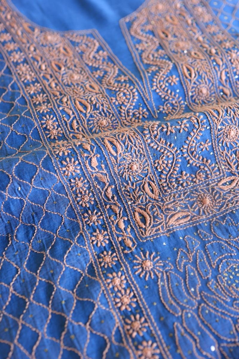 Silk Blue Mal Cotton Fine Chikankari With Kamdani Work Unstitched Fabric