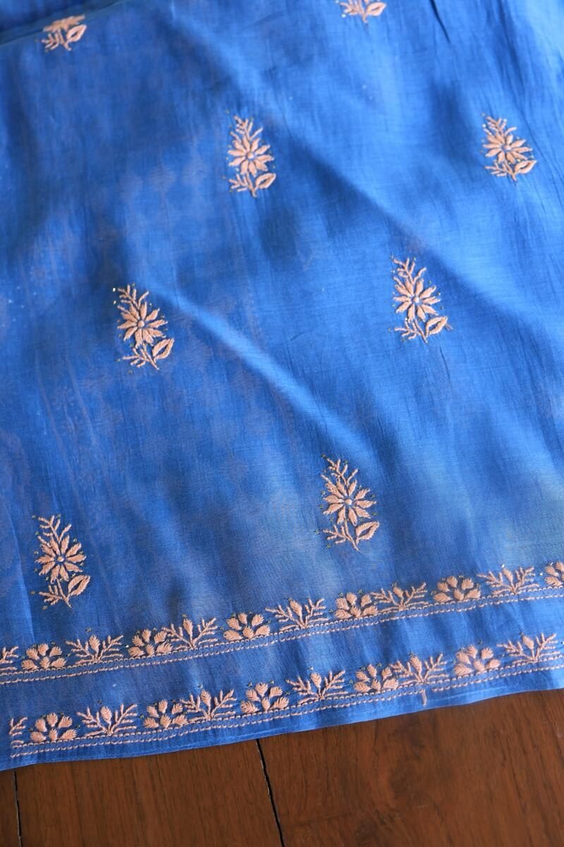 Silk Blue Mal Cotton Fine Chikankari With Kamdani Work Unstitched Fabric