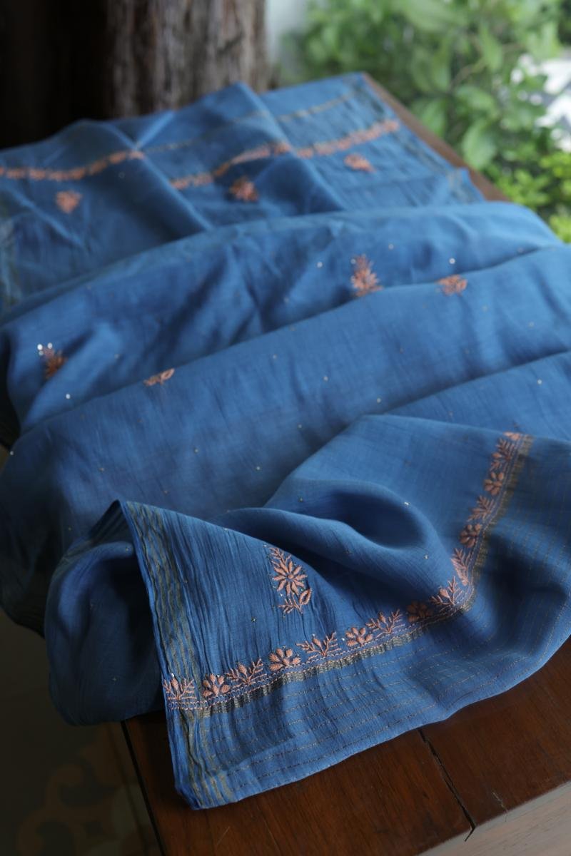 Silk Blue Mal Cotton Fine Chikankari With Kamdani Work Unstitched Fabric
