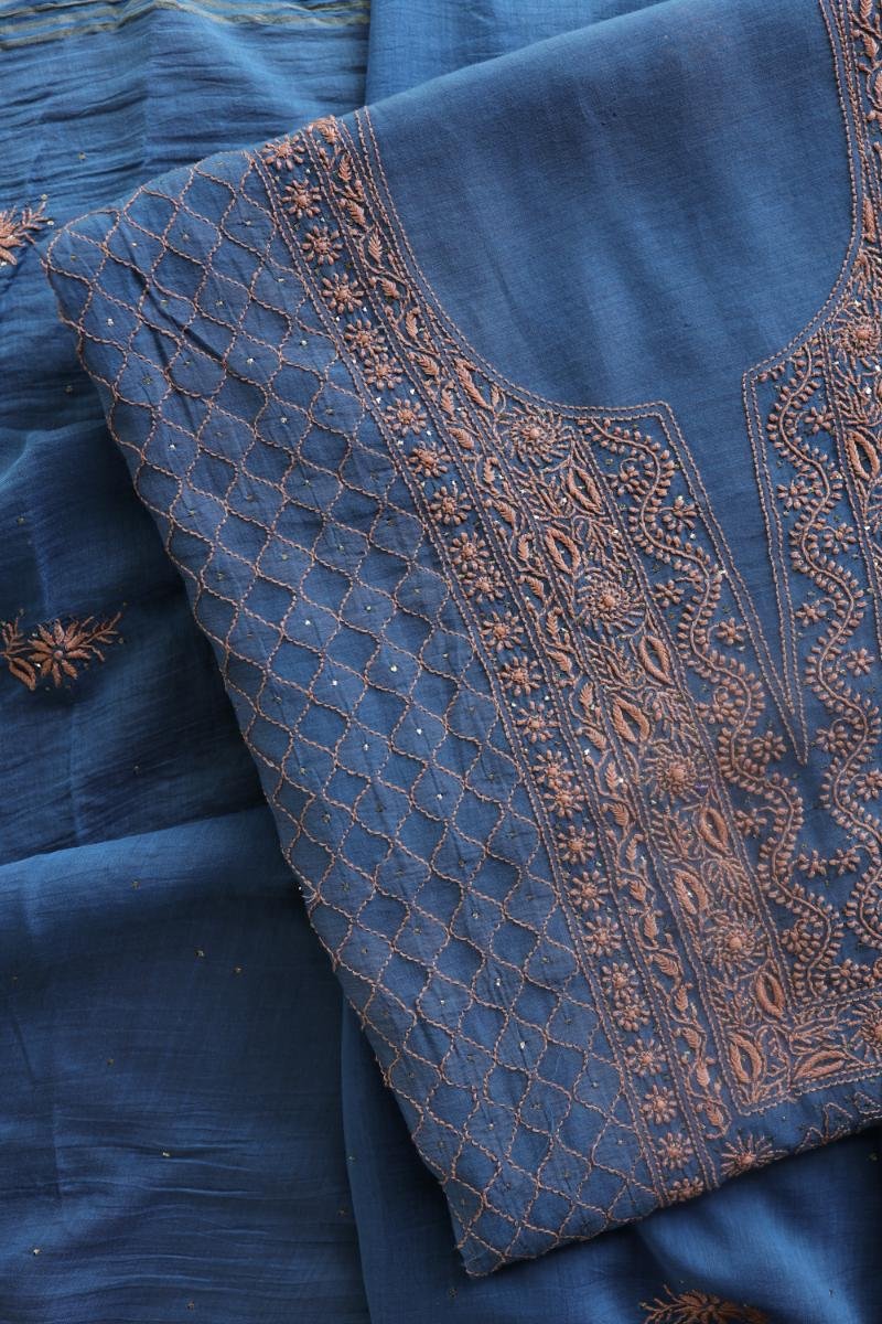 Silk Blue Mal Cotton Fine Chikankari With Kamdani Work Unstitched Fabric