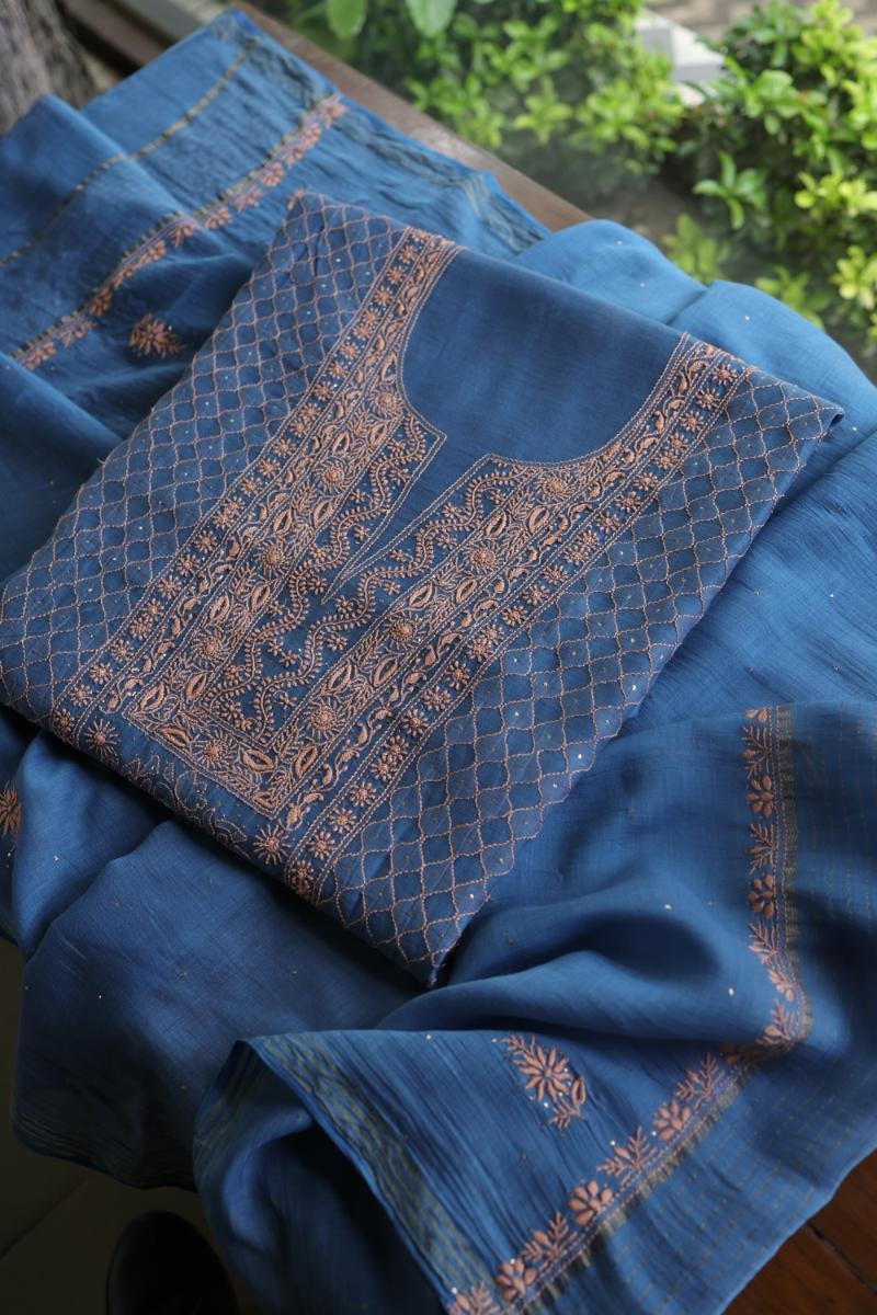 Silk Blue Mal Cotton Fine Chikankari With Kamdani Work Unstitched Fabric