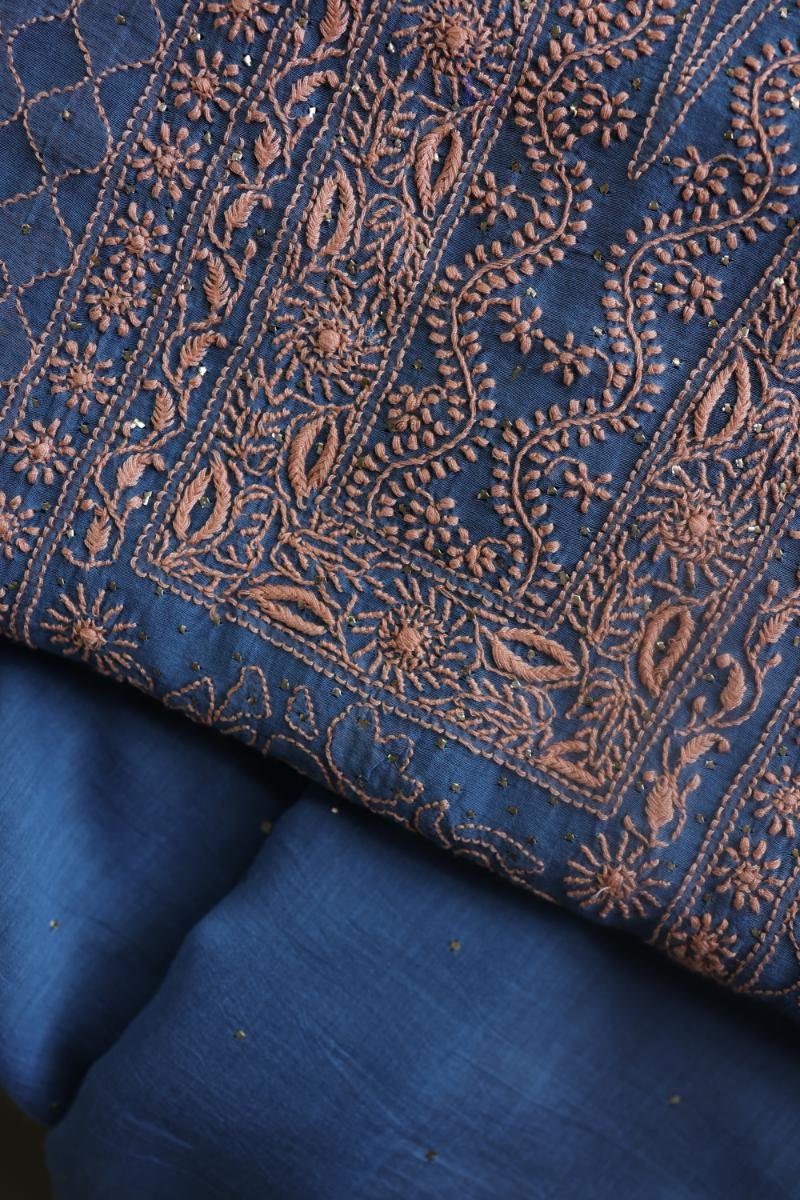 Silk Blue Mal Cotton Fine Chikankari With Kamdani Work Unstitched Fabric