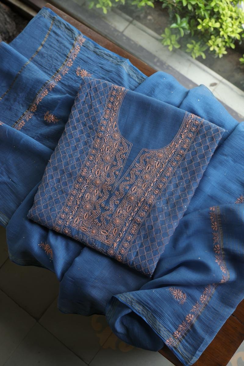Silk Blue Mal Cotton Fine Chikankari With Kamdani Work Unstitched Fabric